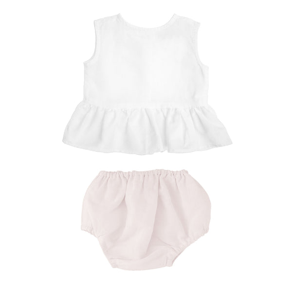 Gift set | sleeveless white frill blouse and blossom pink bloomer