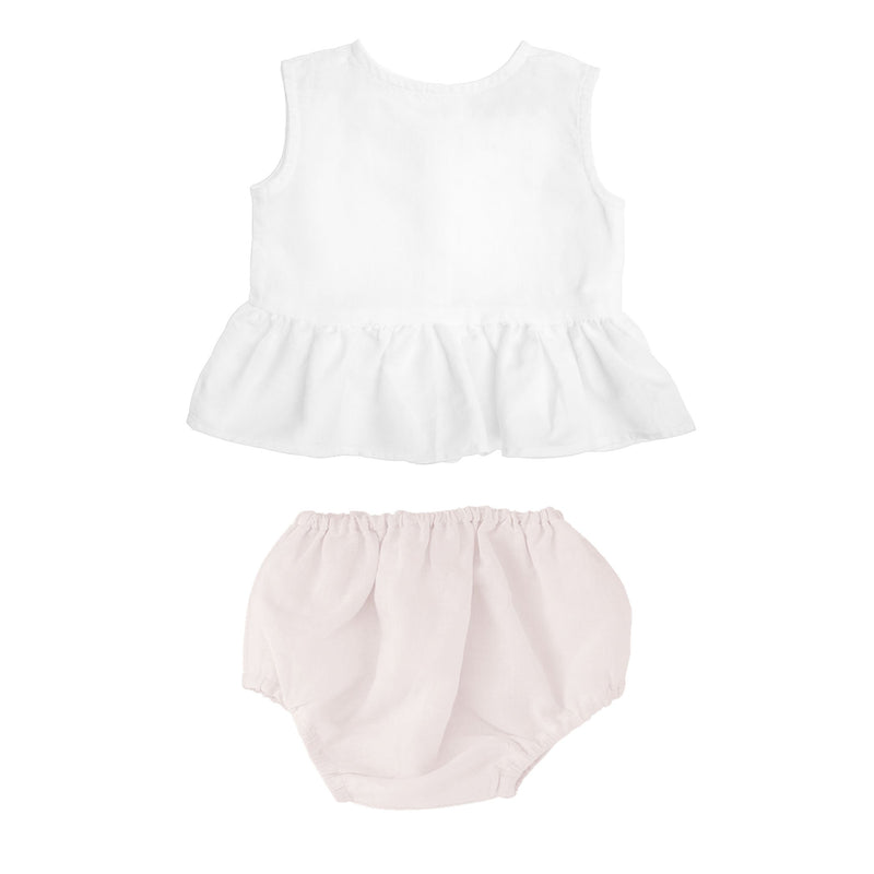 Gift set | sleeveless white frill blouse and blossom pink bloomer