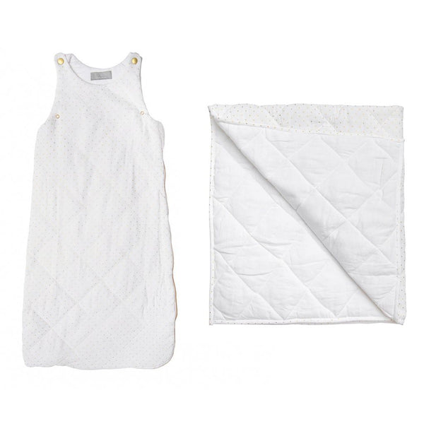 Sleeping bag and play mat gift set  | gold spot and white linen