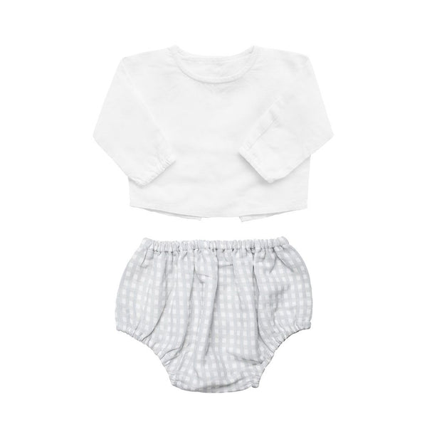 Gift set | grey gingham bloomer and white linen blouse