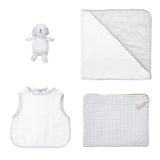 Newborn gift set | grey gingham linen pouch, Louelle. Bunny, apron bib and hooded towel