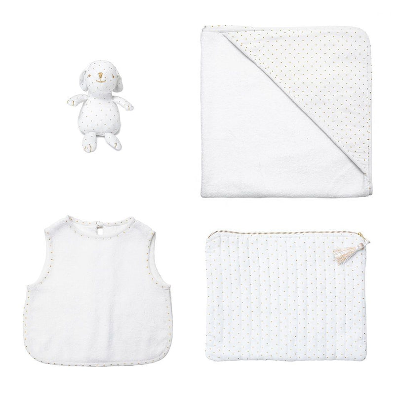 Newborn gift set | gold spot linen pouch, Louelle. Bunny, apron bib and hooded towel
