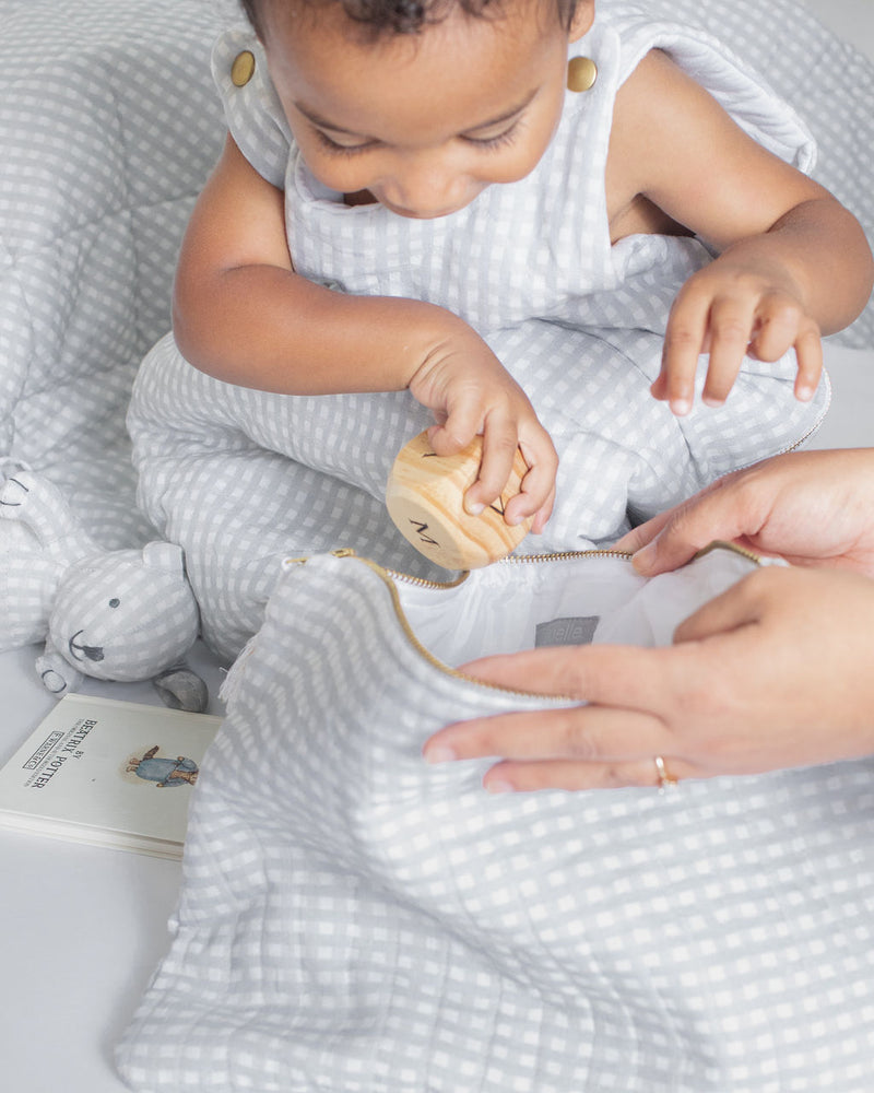 Newborn gift set | grey gingham linen pouch, Louelle. Bunny, apron bib and hooded towel