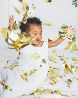 Sleeping bag and play mat gift set  | gold spot and white linen