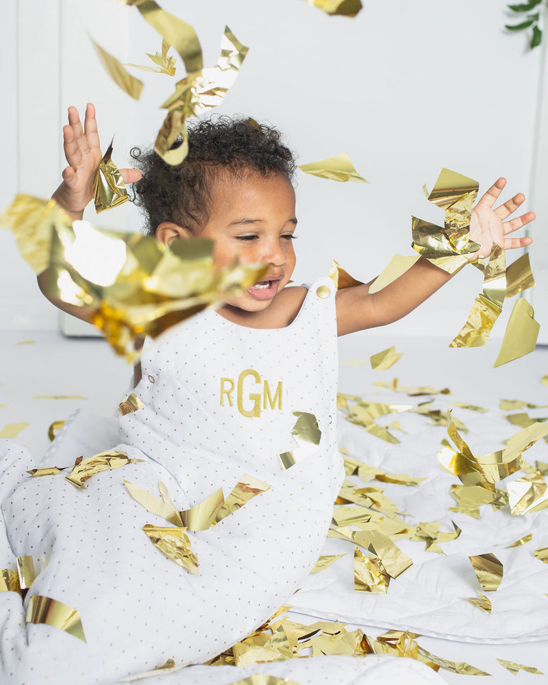 Sleeping bag and play mat gift set  | gold spot and white linen