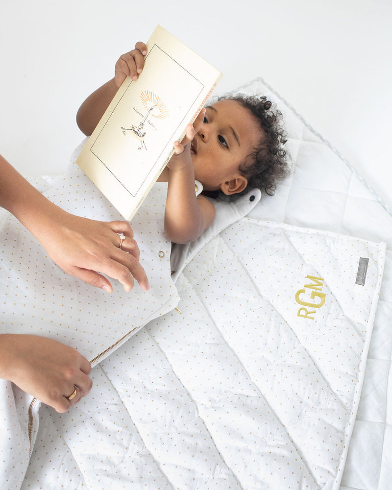 Sleeping bag and play mat gift set  | gold spot and white linen