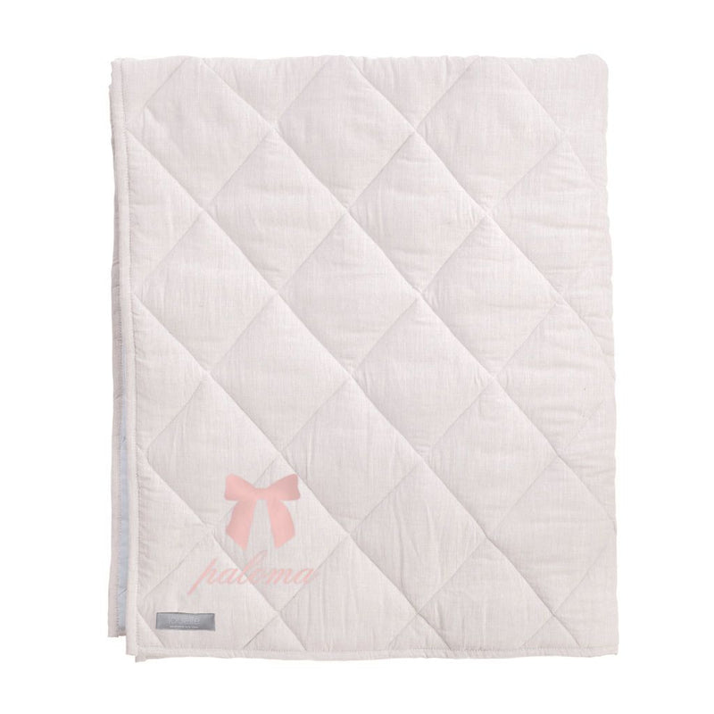 Monogrammed Play mat | blossom pink and white linen, reversible