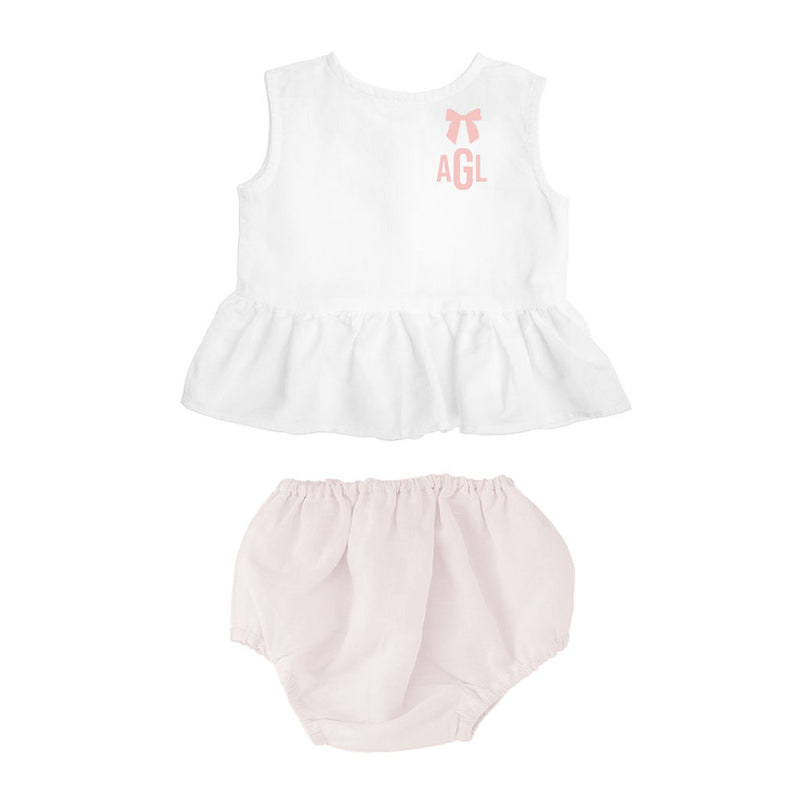 Monogrammed Gift set | sleeveless white frill blouse and blossom pink bloomer