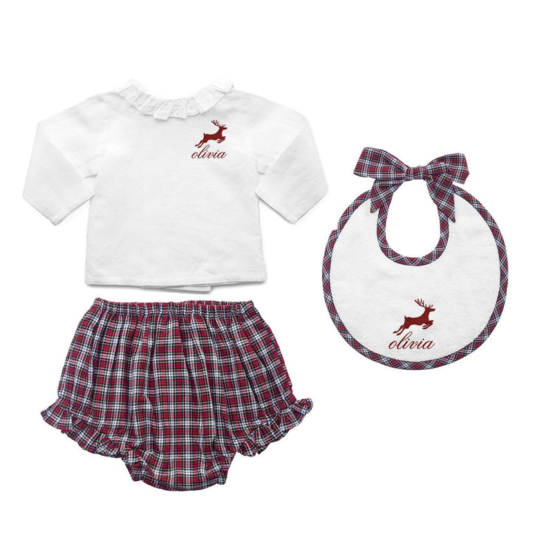 Gift Set Double Button Frill Blouse & Tartan Frill  Bloomer & Newborn Bib With Monogram