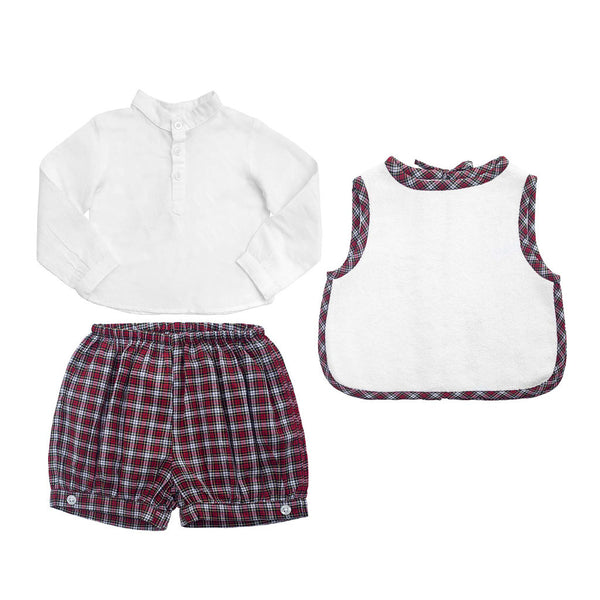 Gift Set Boys French Collar White Shirt & Tartan Shorts & Apron Bib