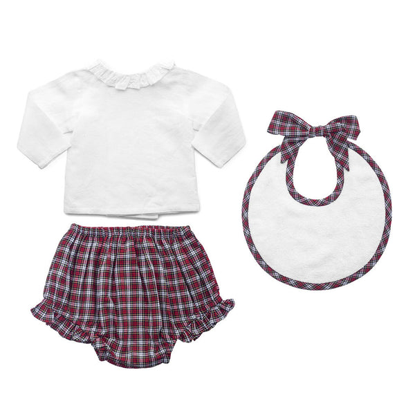 Gift Set Double Button Frill Blouse & Tartan Frill  Bloomer & Newborn Bib